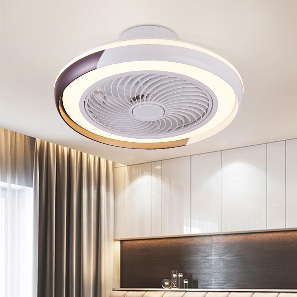 Modern White Flush Mount Bladeless Ceiling Fan with Dimmable LED Light for Low Ceilings