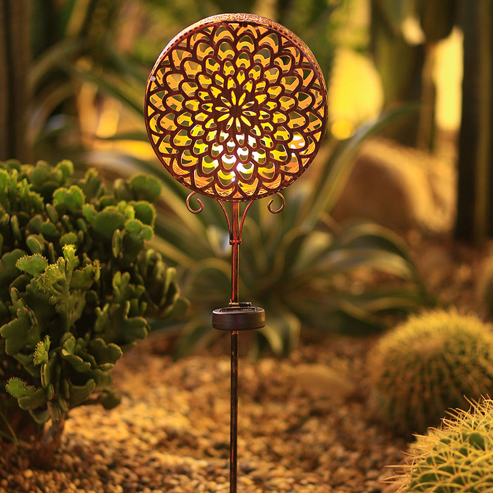 Decorative Round Hollow Floral Metal Solar Garden Stake Light for Yard and Landscape