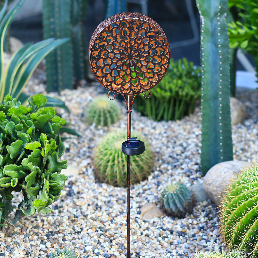 Decorative Round Hollow Floral Metal Solar Garden Stake Light for Yard and Landscape