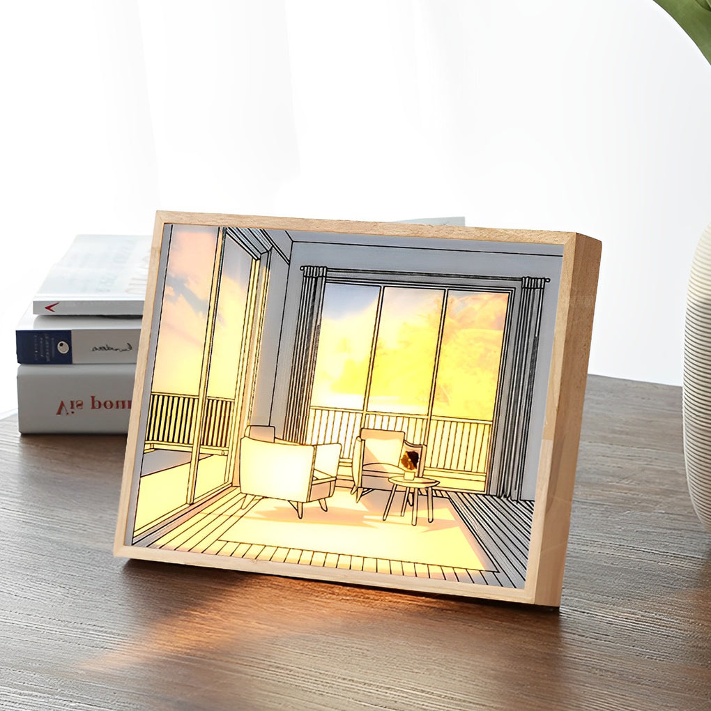 Decorative Wood Frame LED Sunshine Painting Night Light Dimmable Touch Control Lamp