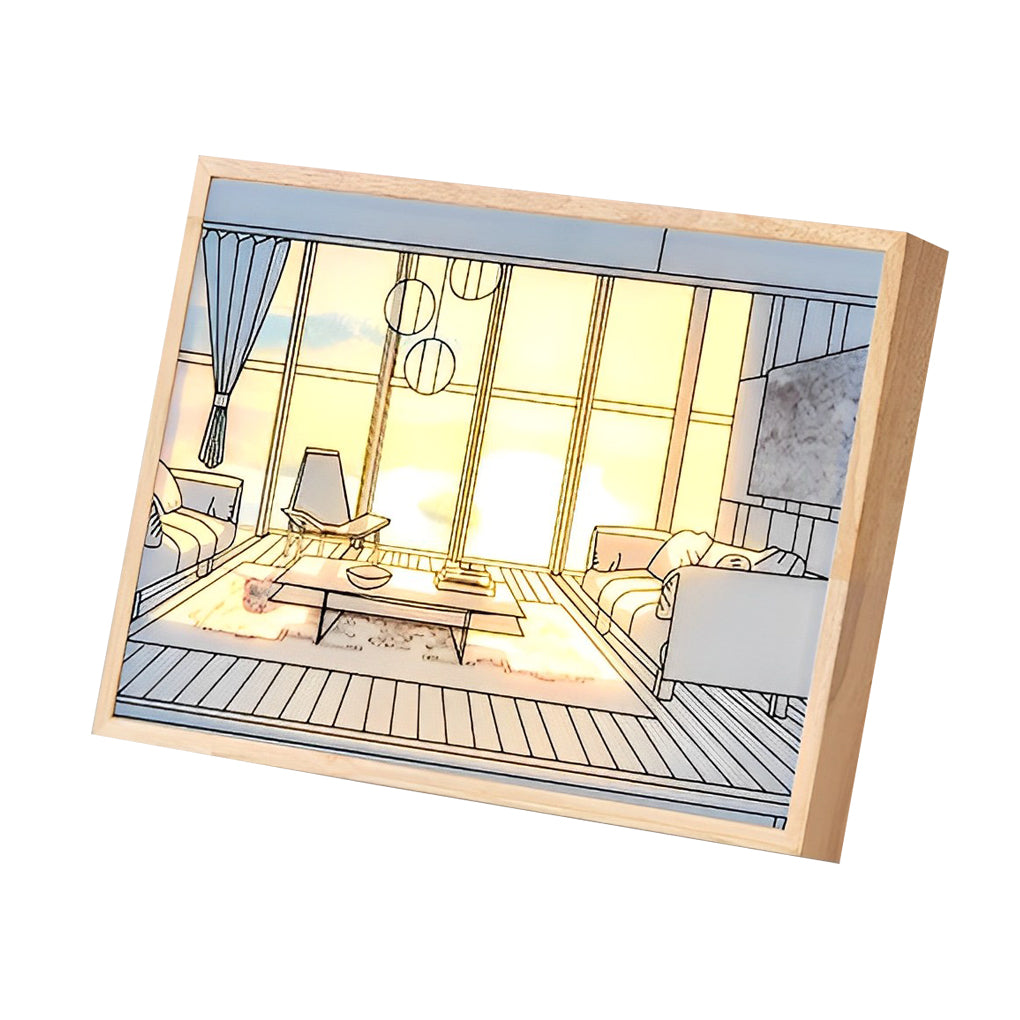 Decorative Wood Frame LED Sunshine Painting Night Light Dimmable Touch Control Lamp