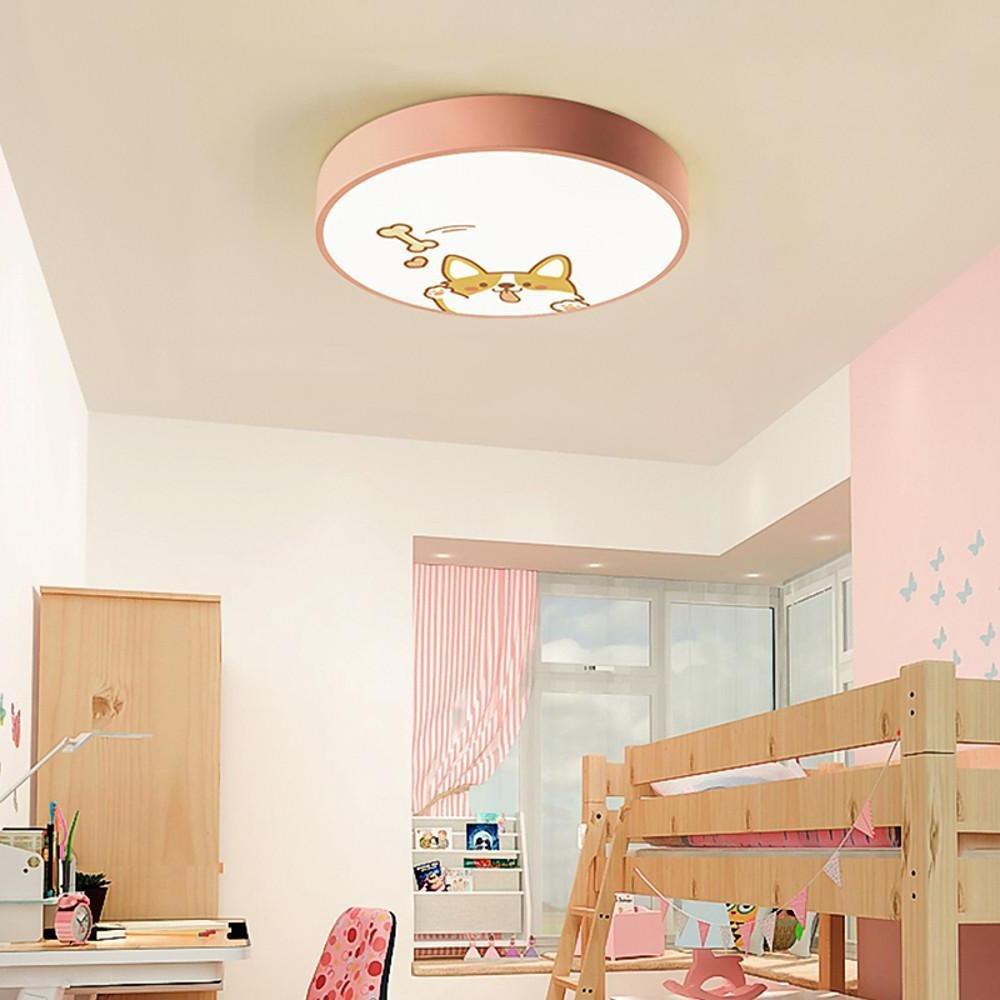 Cute Dog Pattern LED Flush Mount Ceiling Light Circular Metal Drum Fixture for Kids Bedroom
