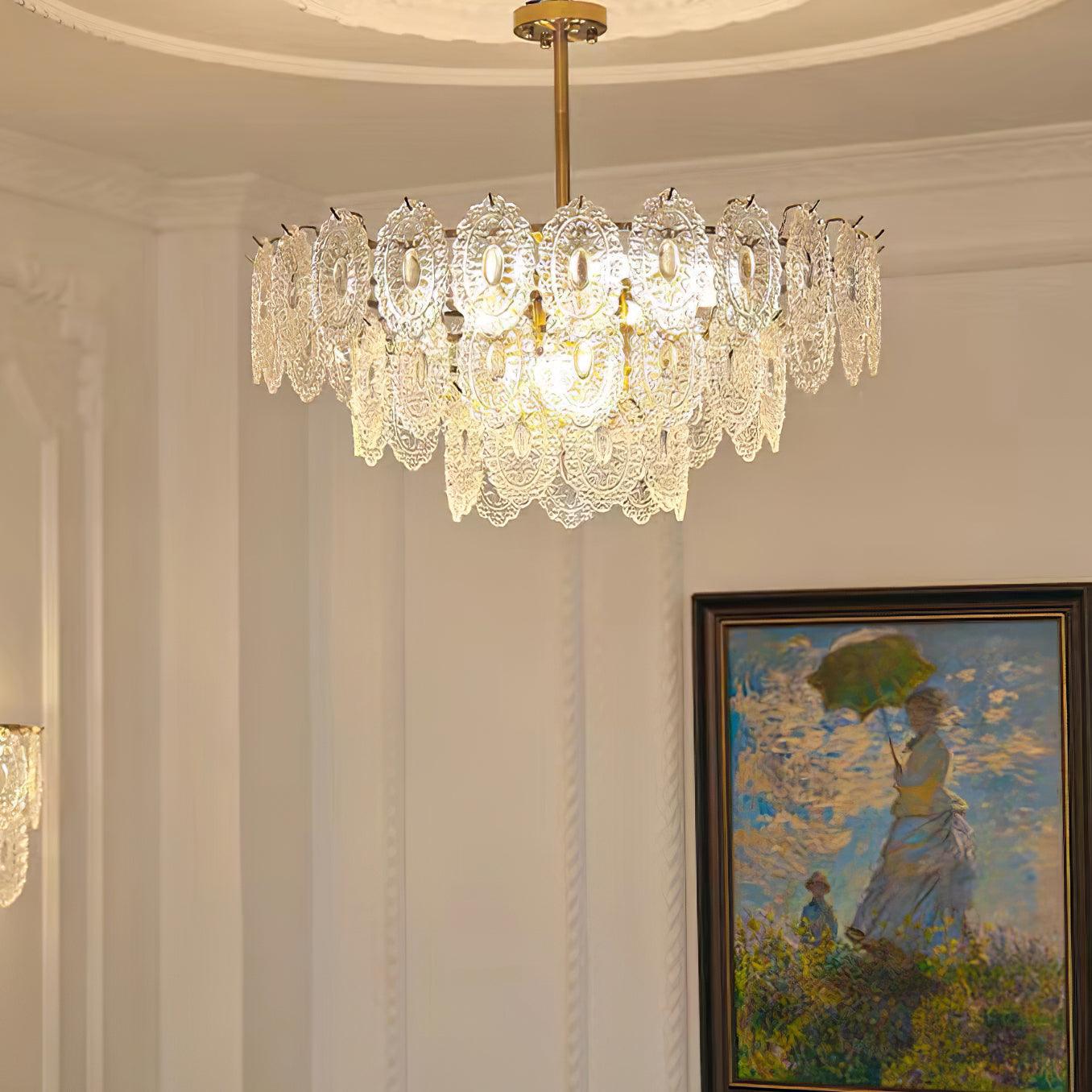 Diamond Texture Wave Glass Gold Chandelier Modern Round Pendant Ceiling Light