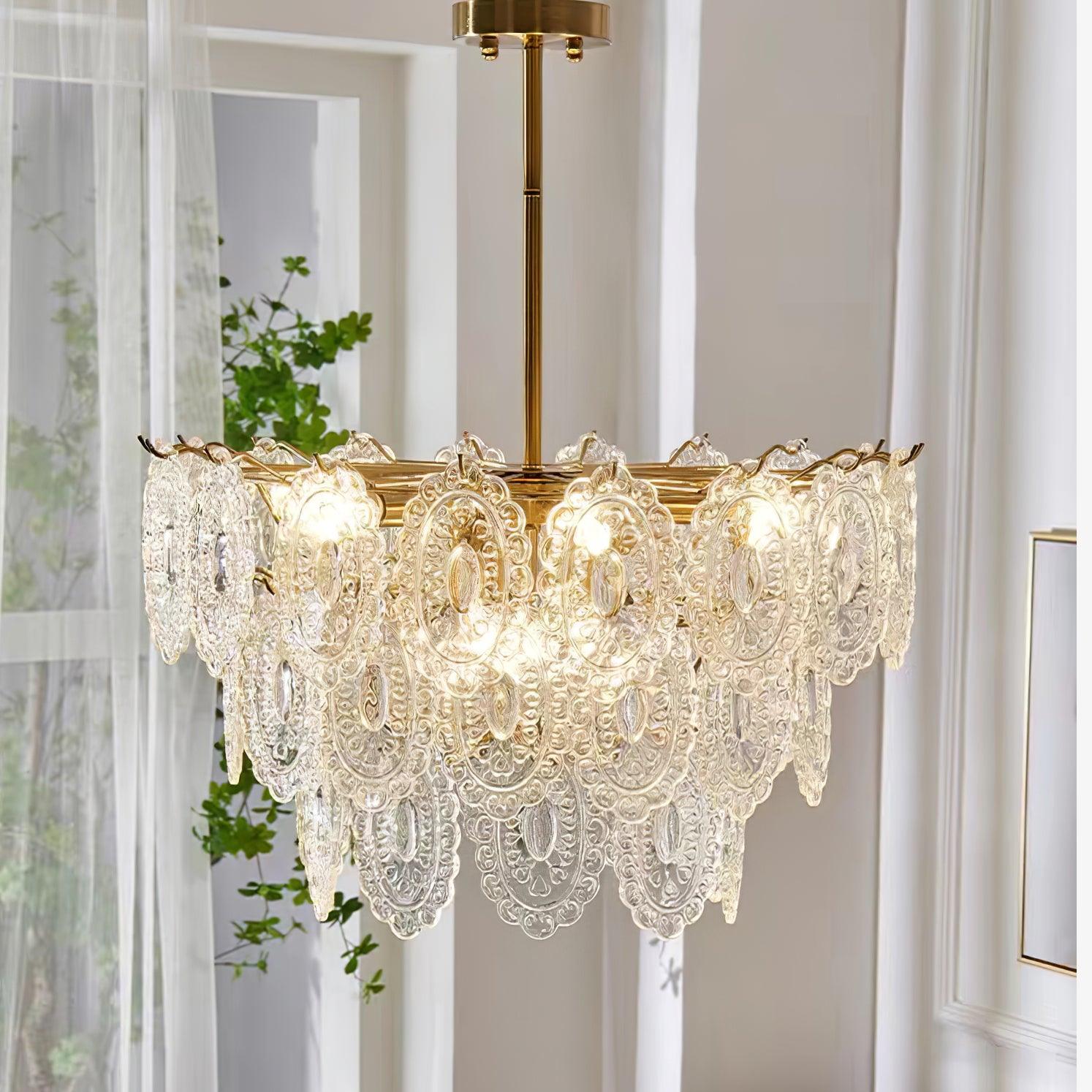 Diamond Texture Wave Glass Gold Chandelier Modern Round Pendant Ceiling Light