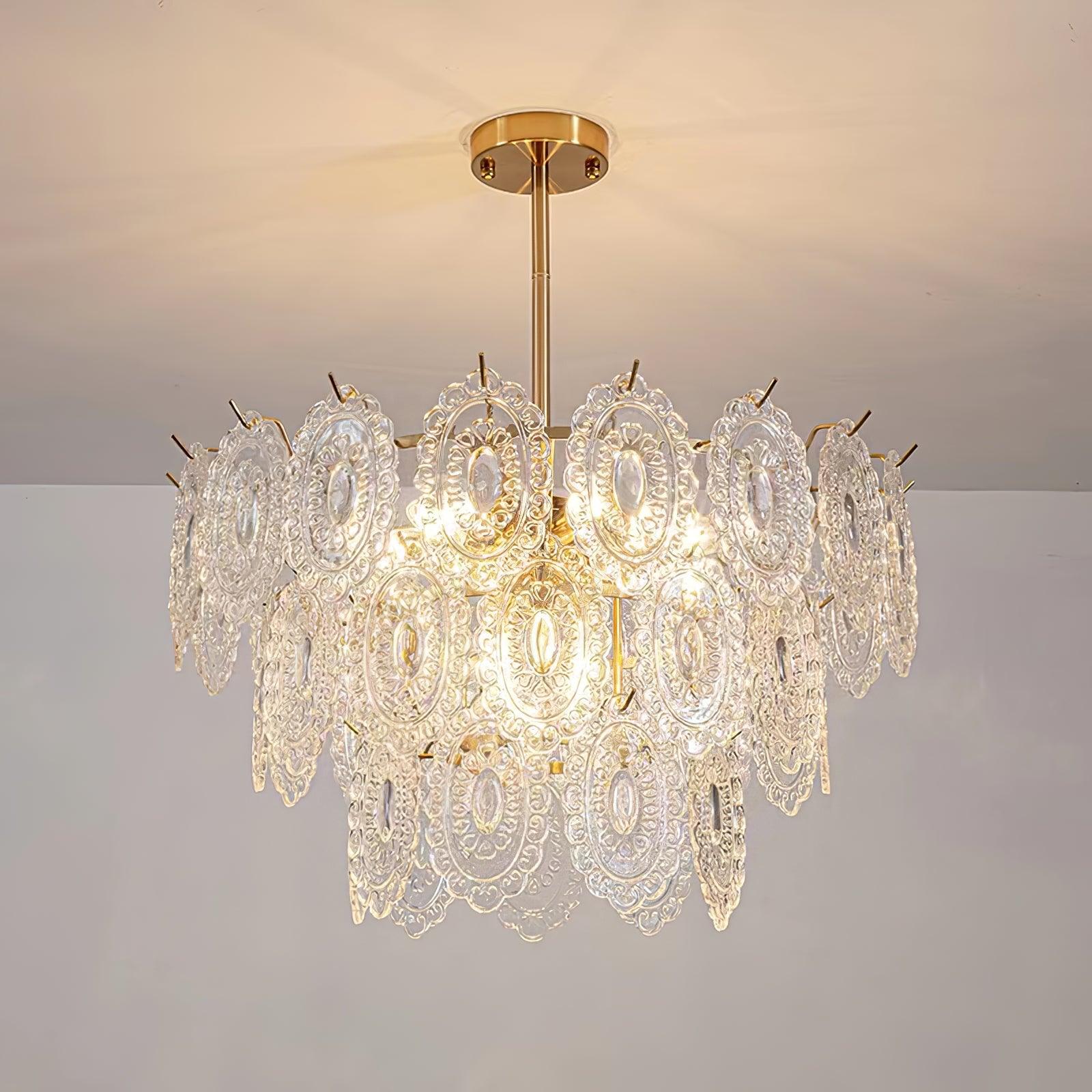 Diamond Texture Wave Glass Gold Chandelier Modern Round Pendant Ceiling Light