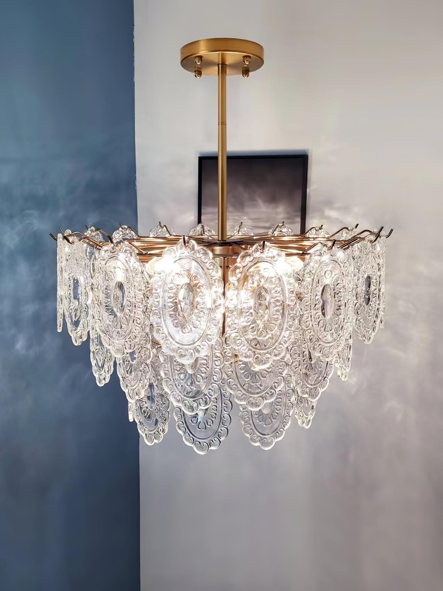 Diamond Texture Wave Glass Gold Chandelier Modern Round Pendant Ceiling Light