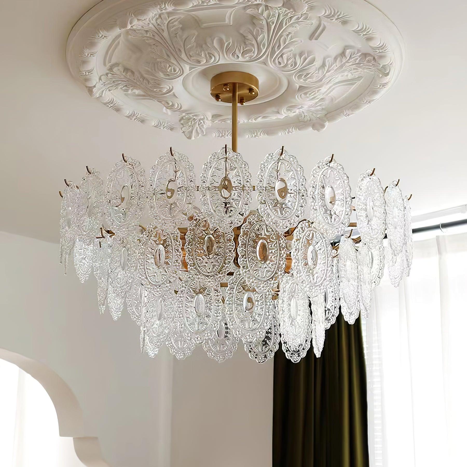 Diamond Texture Wave Glass Gold Chandelier Modern Round Pendant Ceiling Light