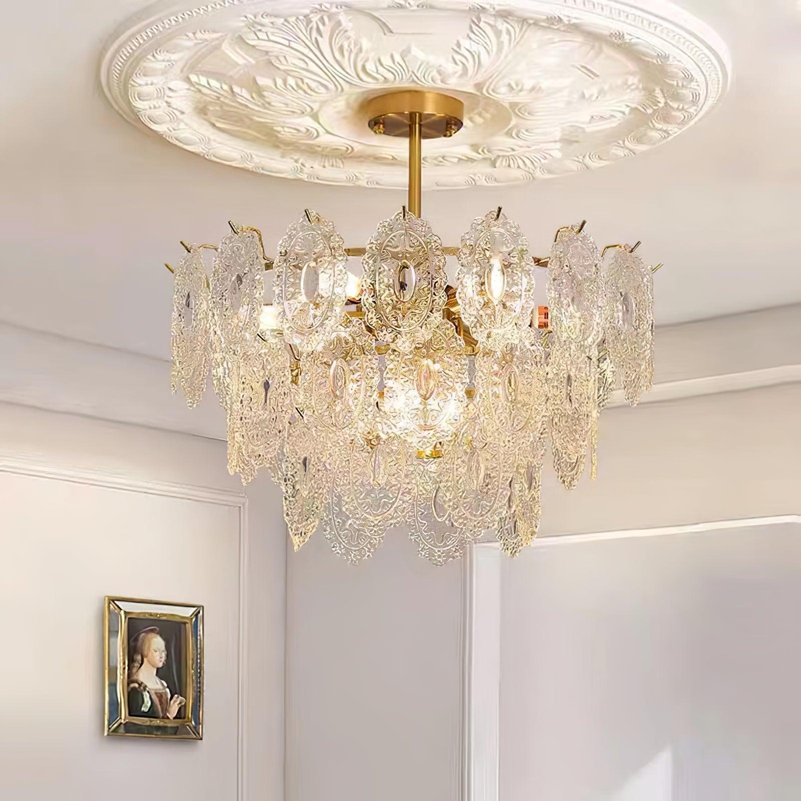 Diamond Texture Wave Glass Gold Chandelier Modern Round Pendant Ceiling Light