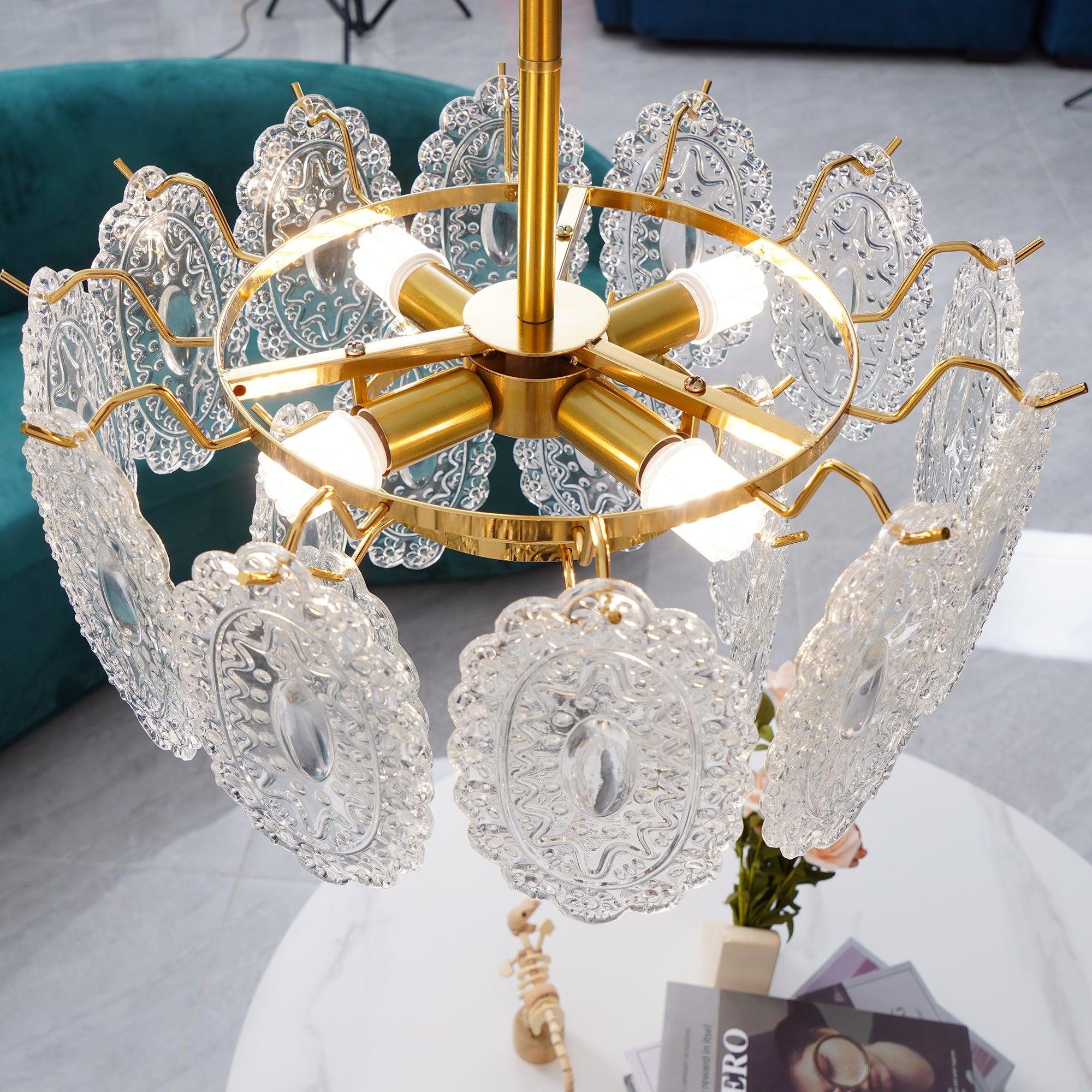 Diamond Texture Wave Glass Gold Chandelier Modern Round Pendant Ceiling Light