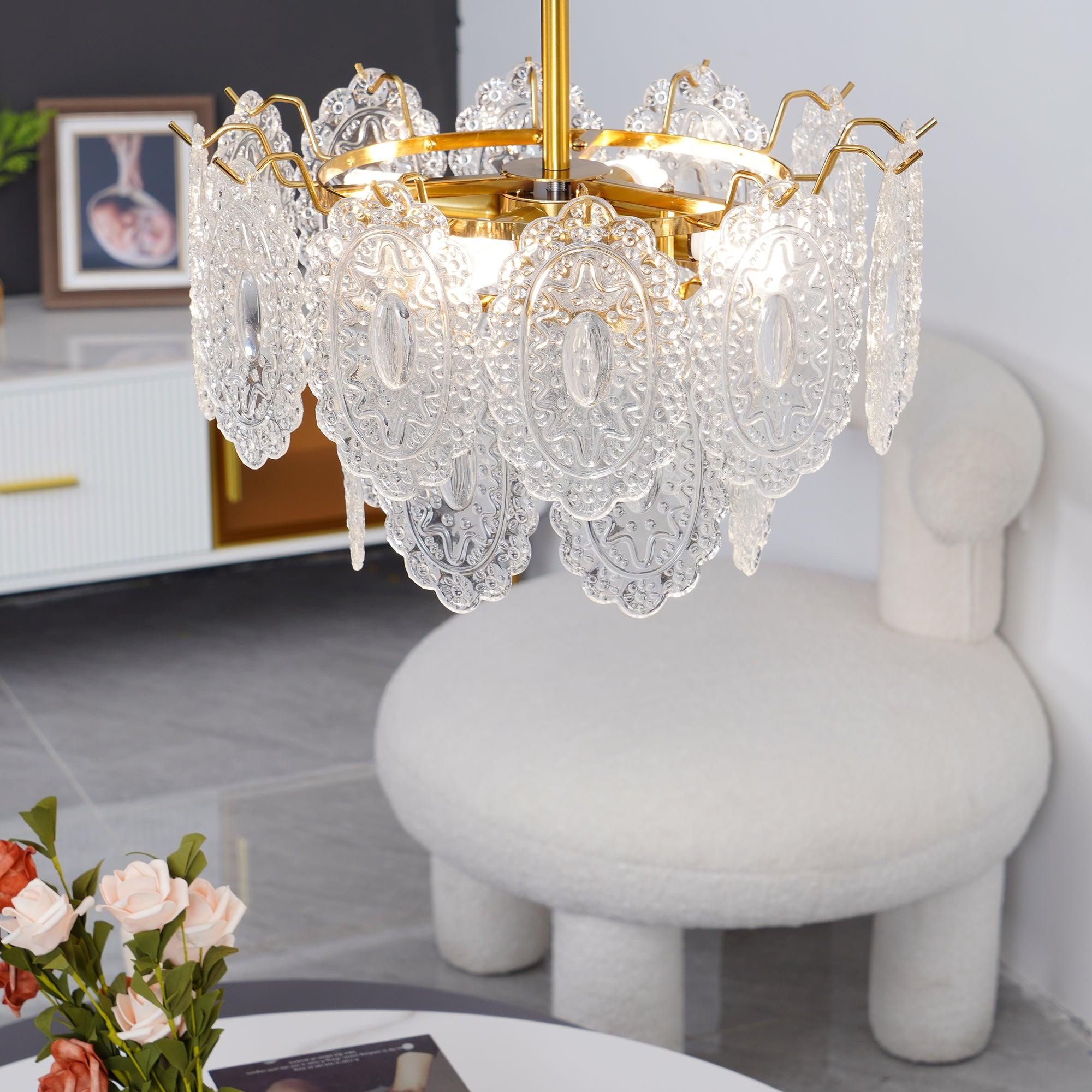 Diamond Texture Wave Glass Gold Chandelier Modern Round Pendant Ceiling Light