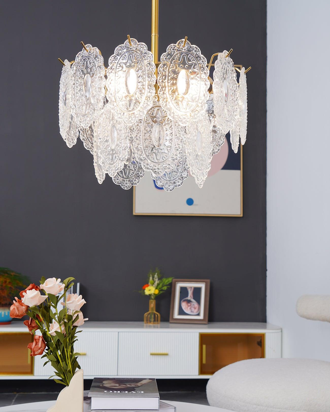 Diamond Texture Wave Glass Gold Chandelier Modern Round Pendant Ceiling Light