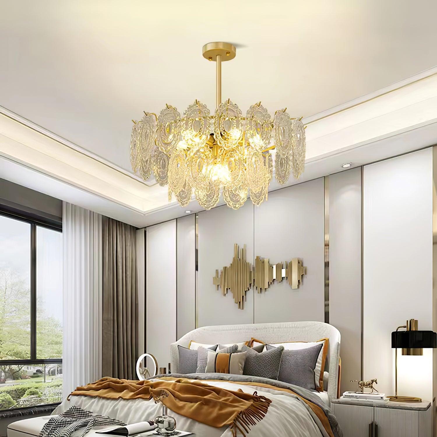 Diamond Texture Wave Glass Gold Chandelier Modern Round Pendant Ceiling Light