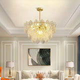 Diamond Texture Wave Glass Gold Chandelier Modern Round Pendant Ceiling Light