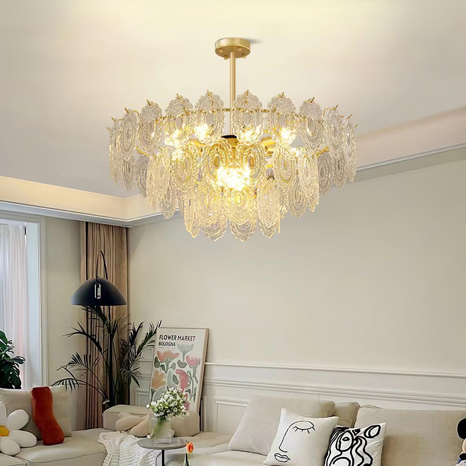 Diamond Texture Wave Glass Gold Chandelier Modern Round Pendant Ceiling Light