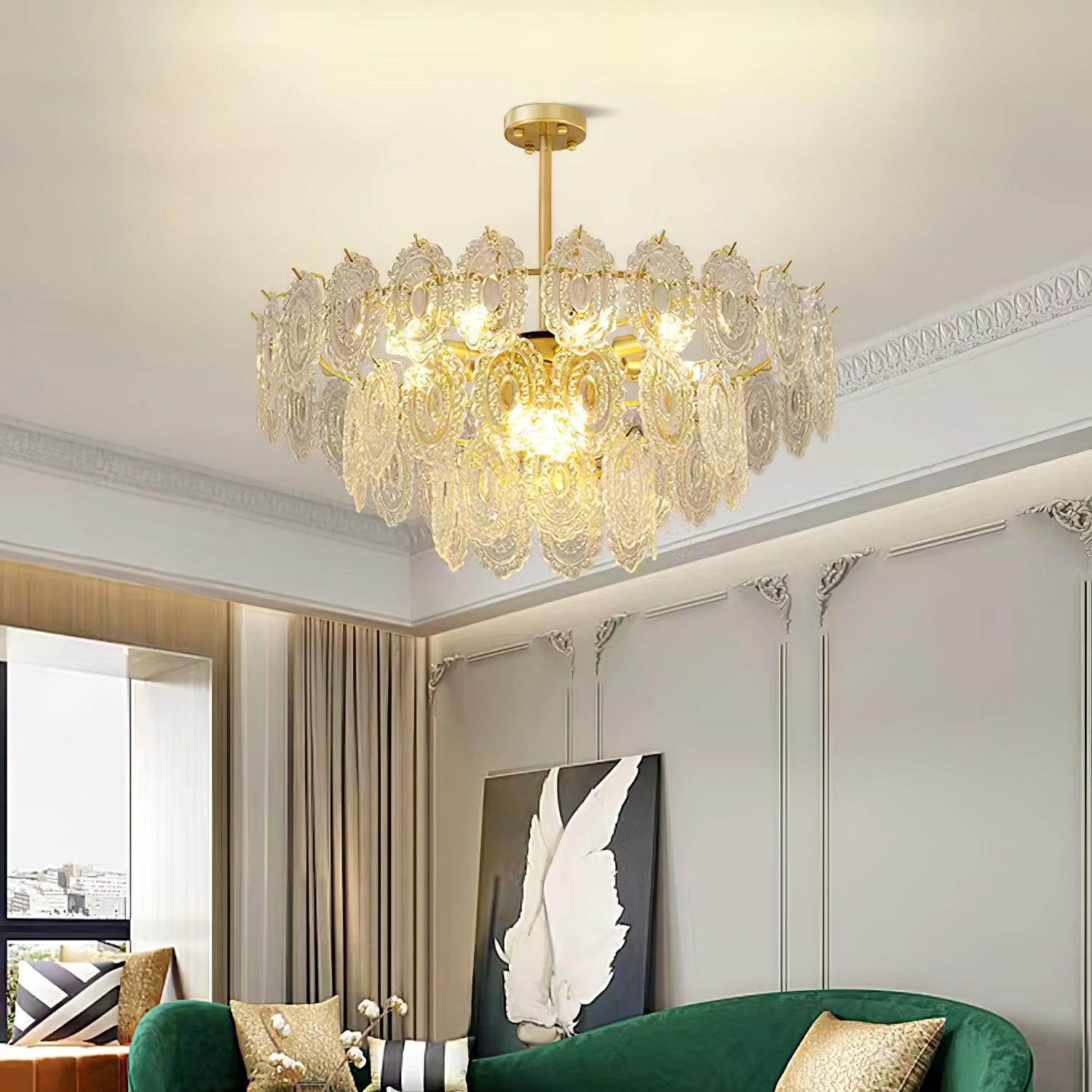 Diamond Texture Wave Glass Gold Chandelier Modern Round Pendant Ceiling Light