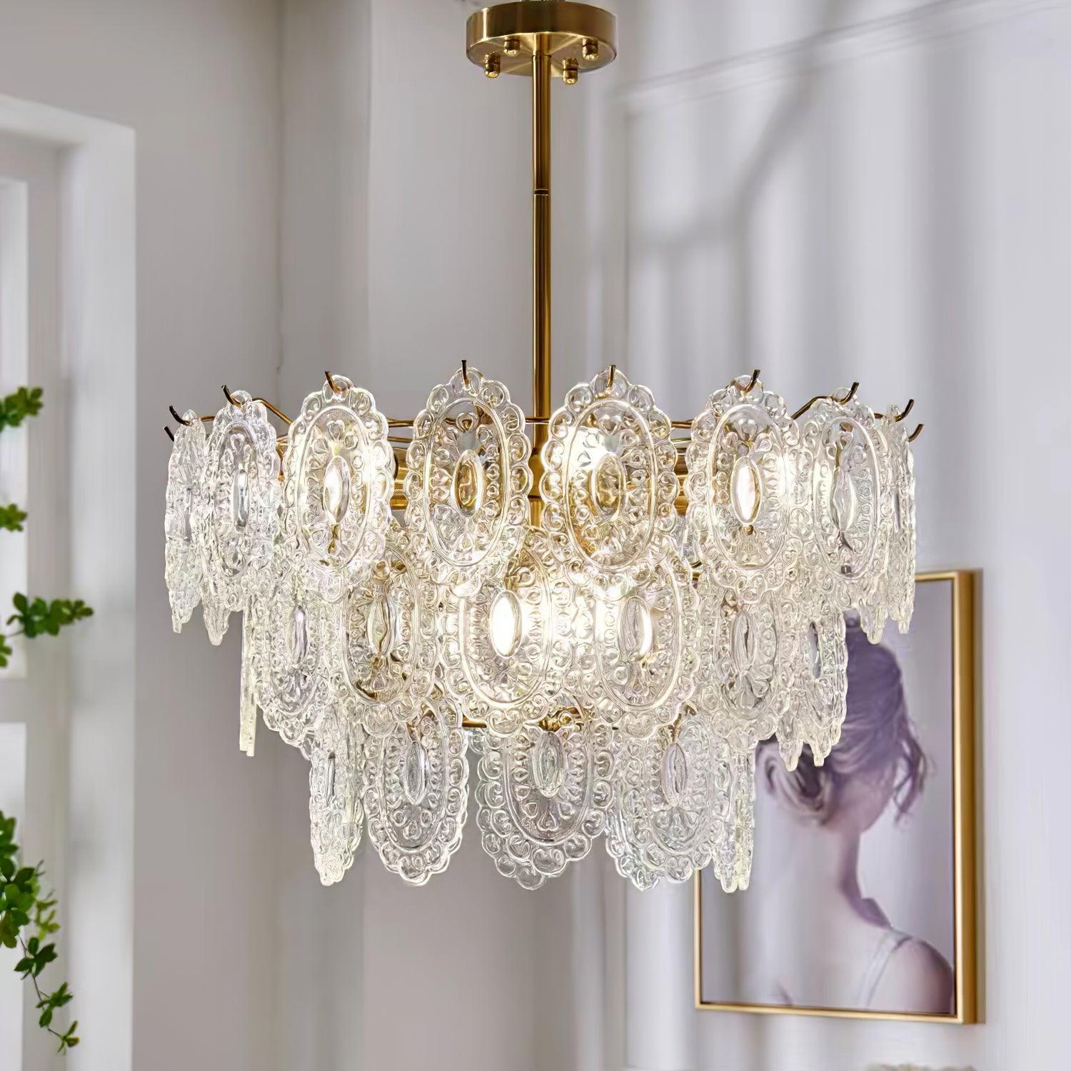 Diamond Texture Wave Glass Gold Chandelier Modern Round Pendant Ceiling Light