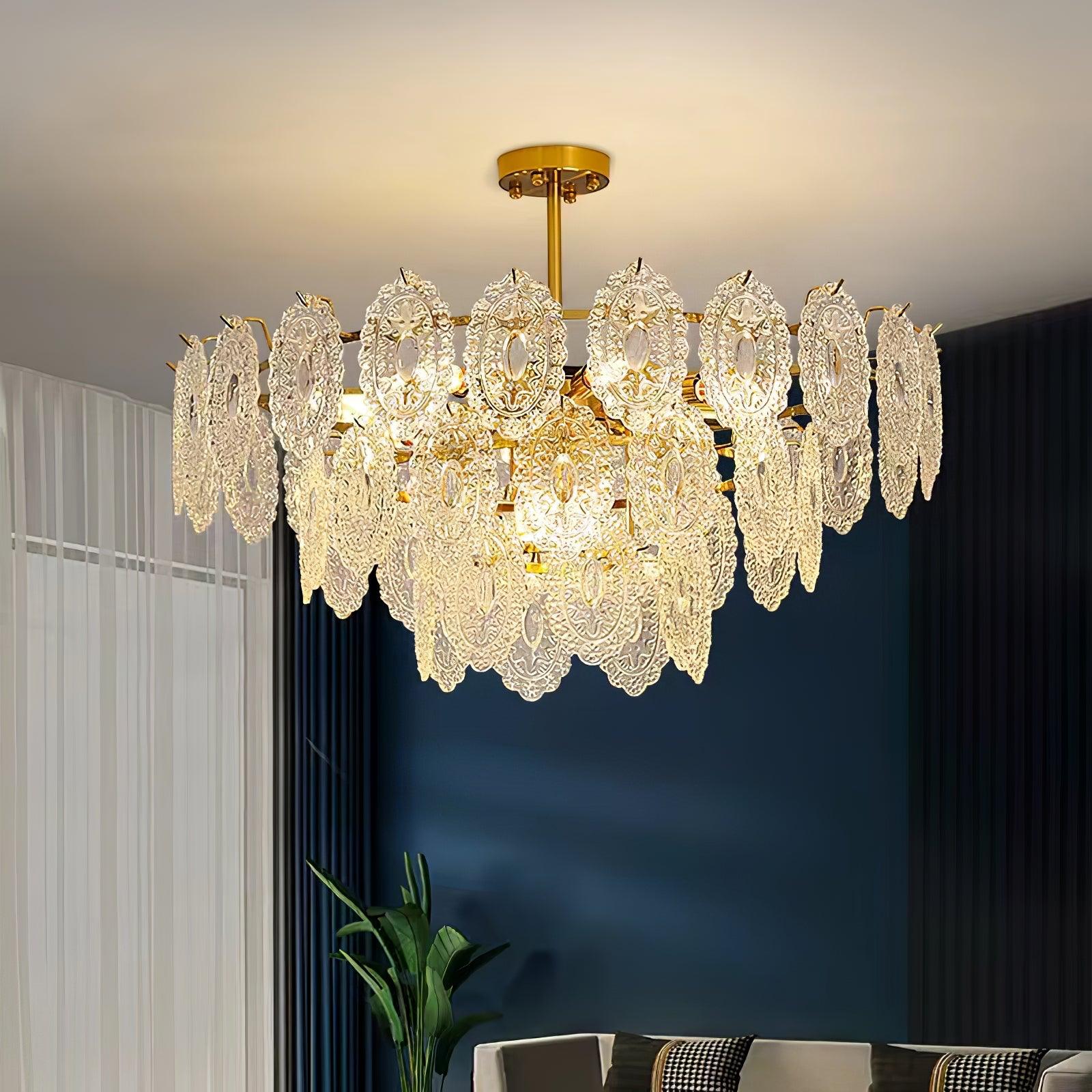 Diamond Texture Wave Glass Gold Chandelier Modern Round Pendant Ceiling Light