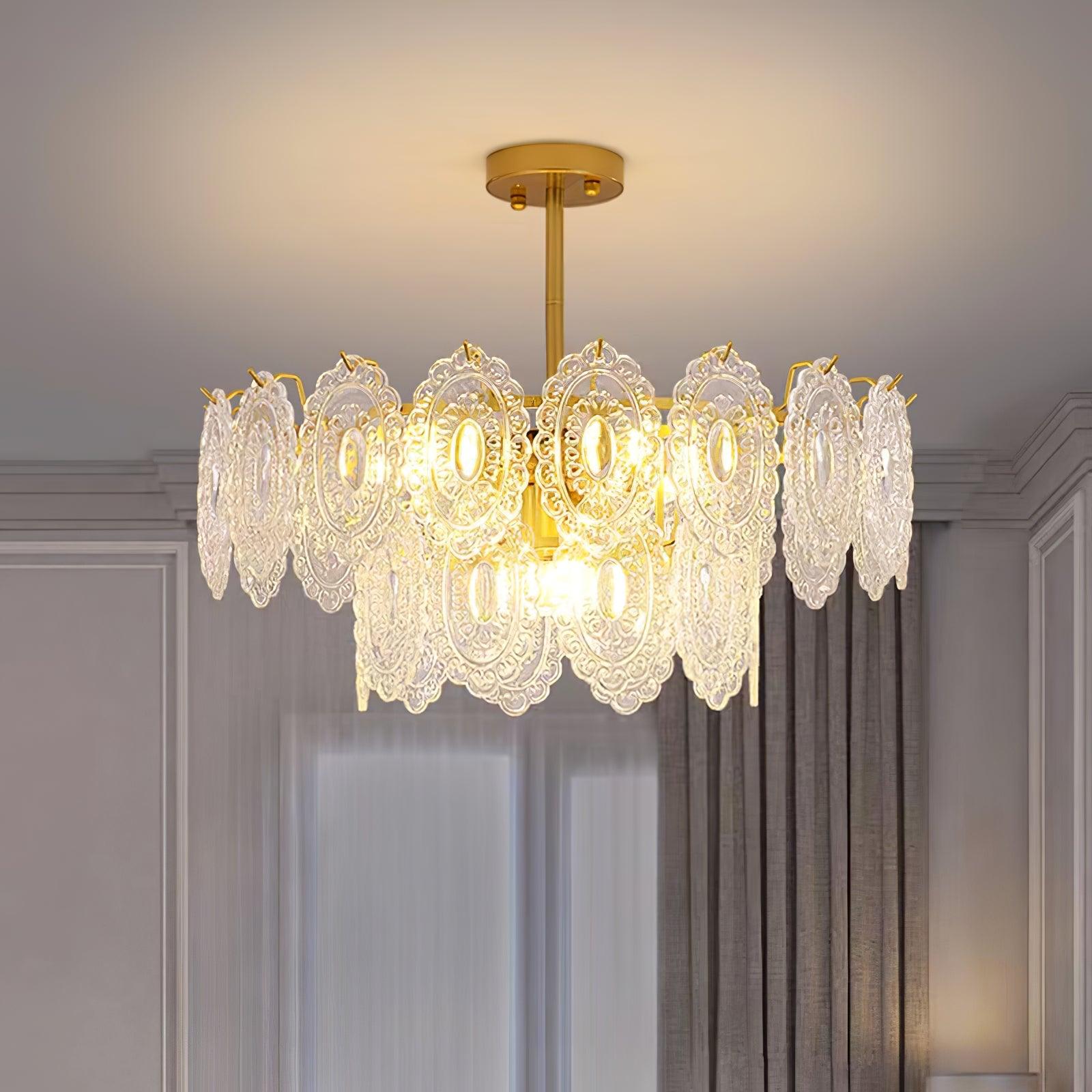 Diamond Texture Wave Glass Gold Chandelier Modern Round Pendant Ceiling Light