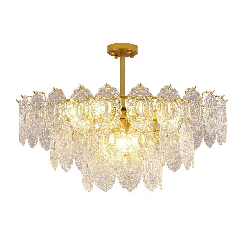 Diamond Texture Wave Glass Gold Chandelier Modern Round Pendant Ceiling Light