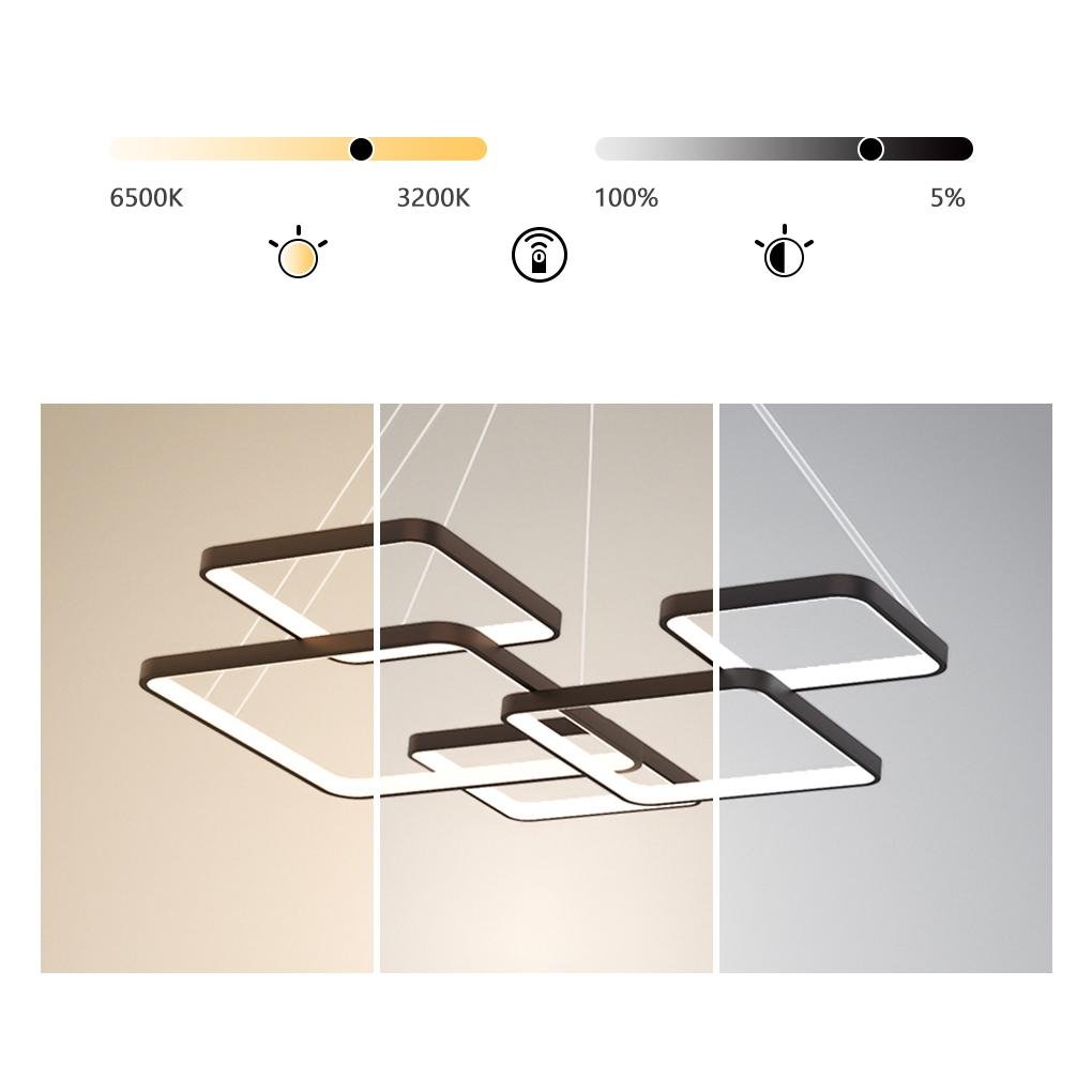 Dimmable LED Square Geometric Chandelier with Remote for Modern Foyer and Living Room Lighting