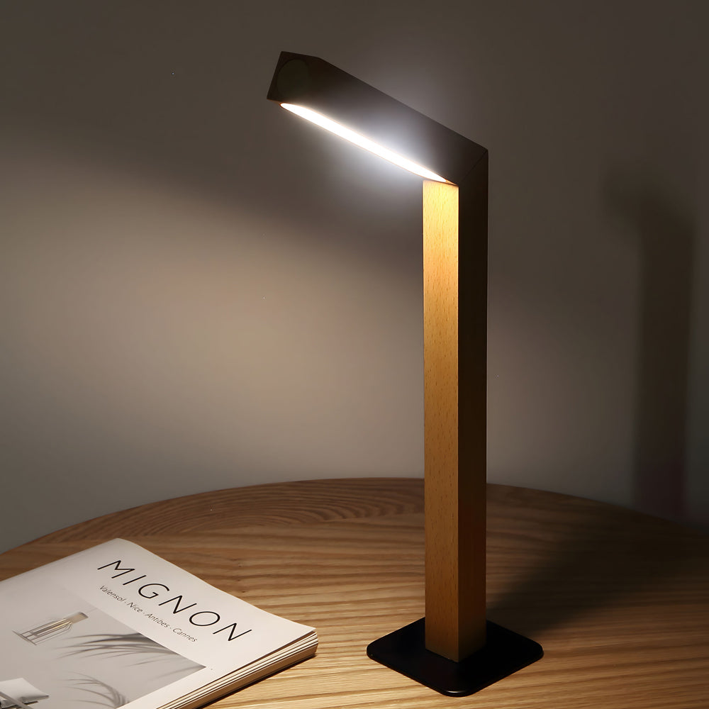 Dimmable Natural Wood LED Table Lamp with 360 Degree Rotation and Rechargeable Magnetic Base