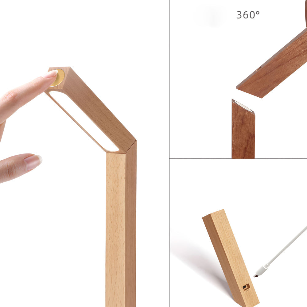 Dimmable Natural Wood LED Table Lamp with 360 Degree Rotation and Rechargeable Magnetic Base