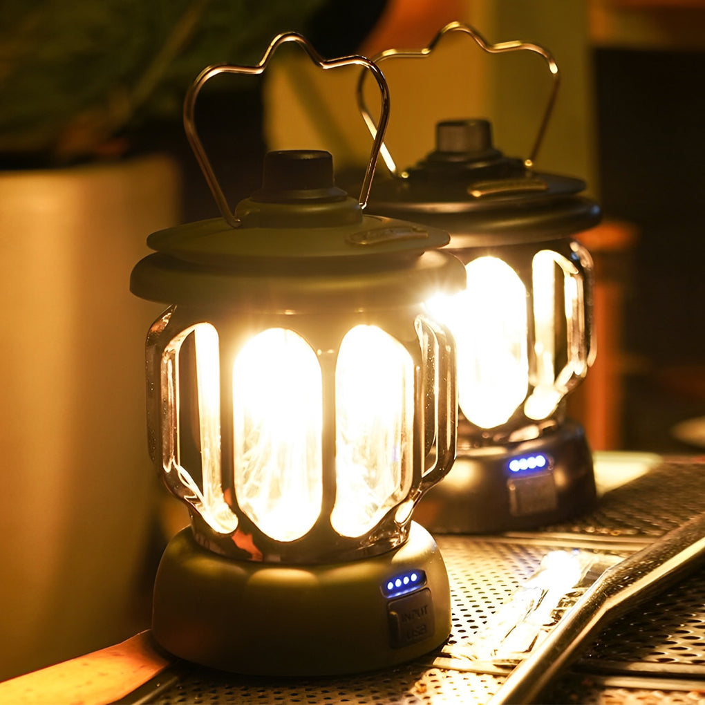 Dimmable Retro LED Camping Lantern Waterproof Rechargeable Outdoor Hanging Lamp with USB Port