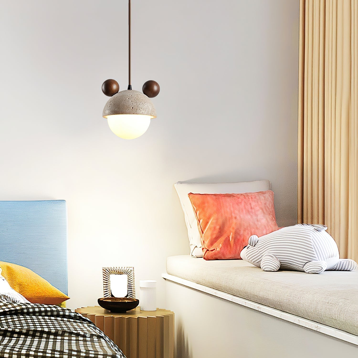 Domiere Travertine and Wood Pendant Light Modern Hanging Lamp for Indoor Spaces