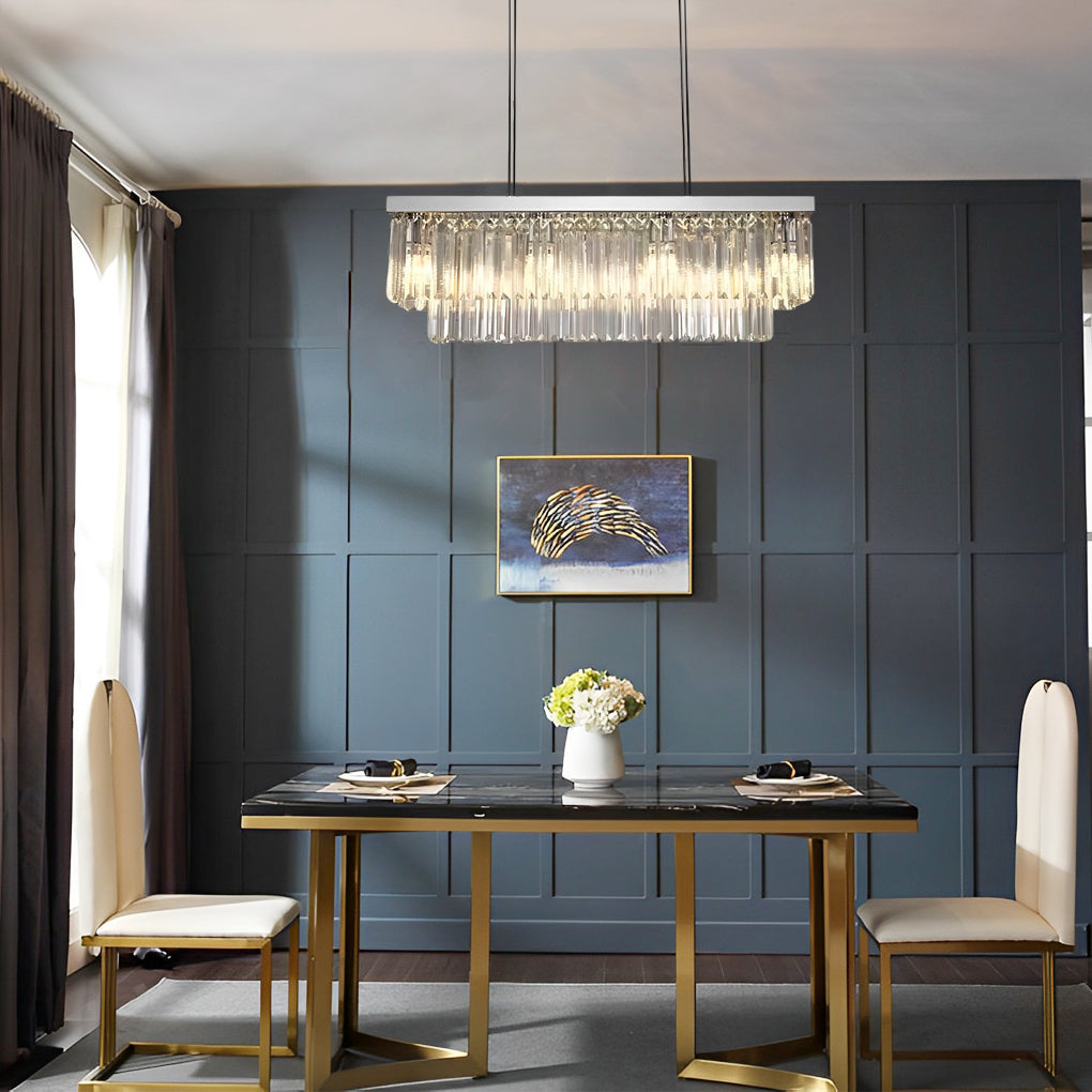 Double Layer Crystal Chandelier Rectangular 8 Light Pendant Lamp for Kitchen Island and Dining Room