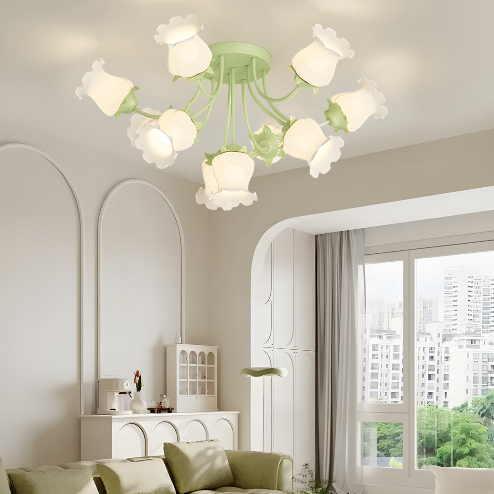 Elegant 10 Light Floral Glass Semi Flush Mount Ceiling Fixture with 3 Color Dimming