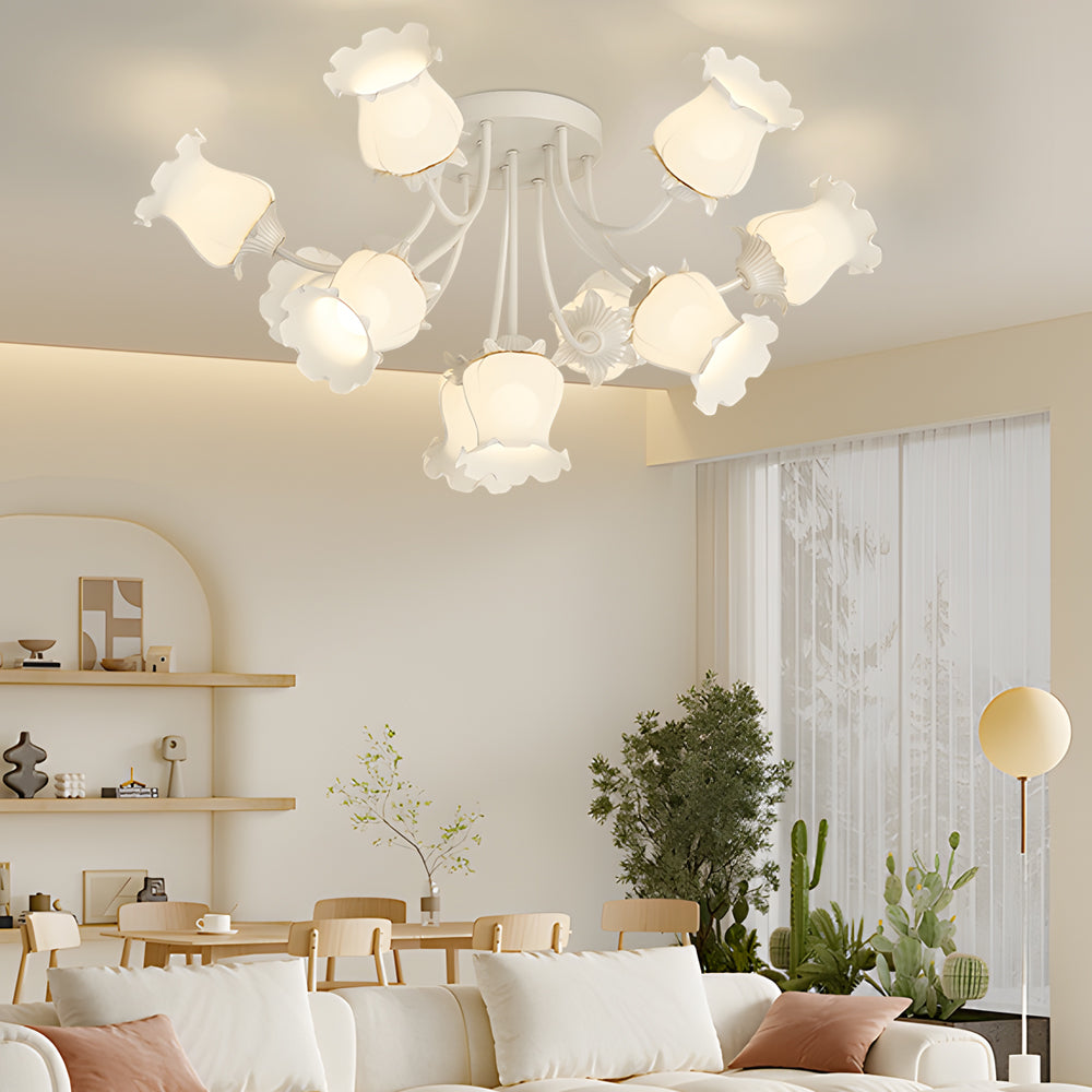 Elegant 10 Light Floral Glass Semi Flush Mount Ceiling Fixture with 3 Color Dimming