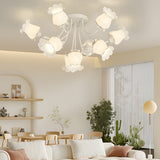 Elegant 10 Light Floral Glass Semi Flush Mount Ceiling Fixture with 3 Color Dimming