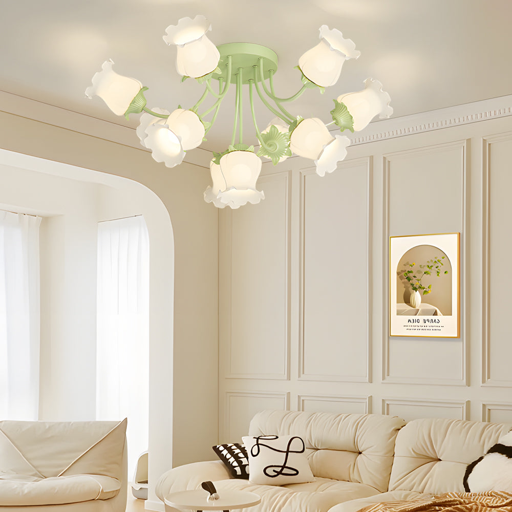 Elegant 10 Light Floral Glass Semi Flush Mount Ceiling Fixture with 3 Color Dimming