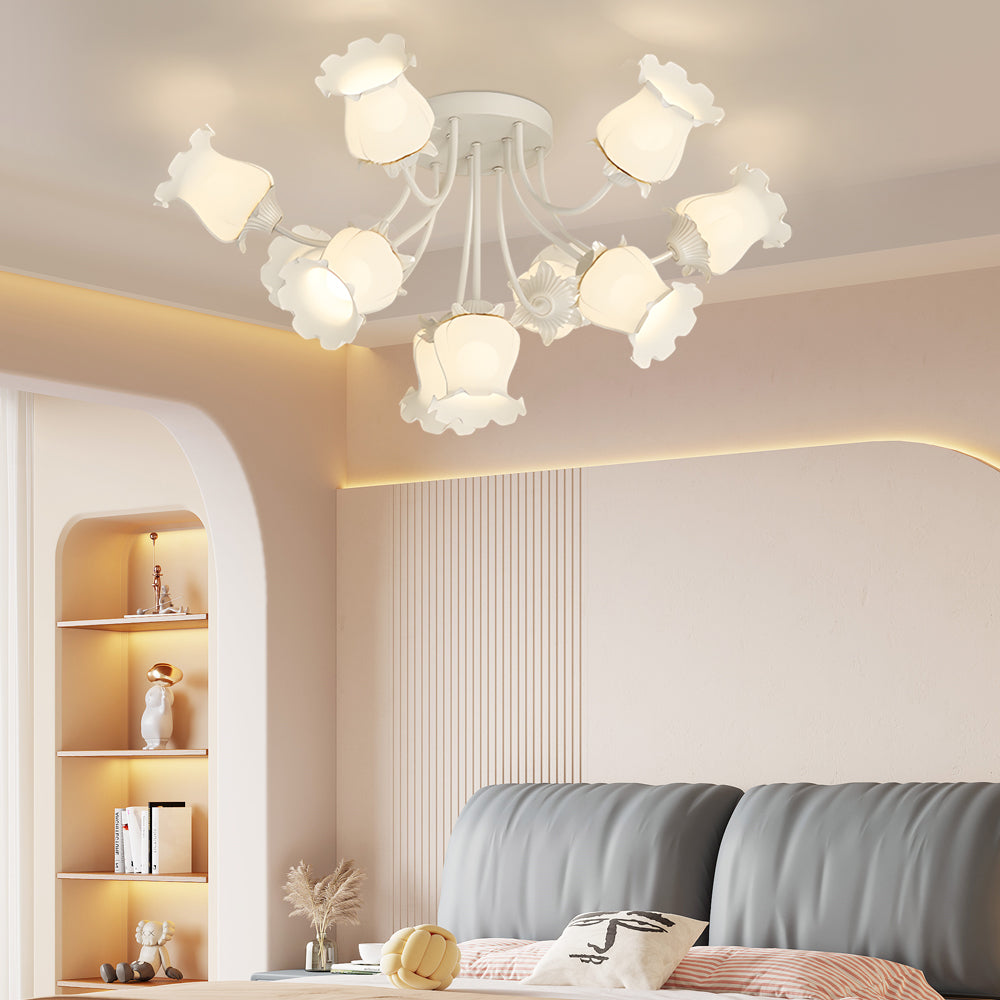 Elegant 10 Light Floral Glass Semi Flush Mount Ceiling Fixture with 3 Color Dimming