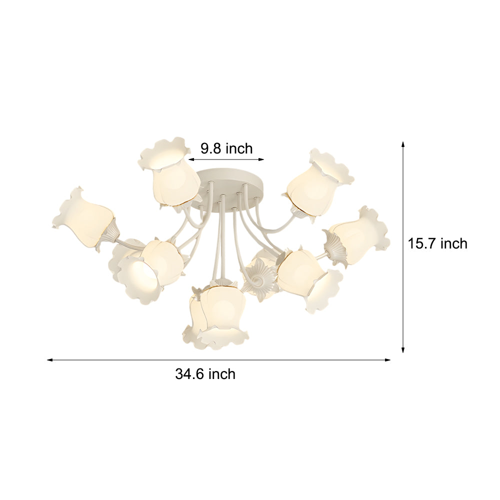 Elegant 10 Light Floral Glass Semi Flush Mount Ceiling Fixture with 3 Color Dimming