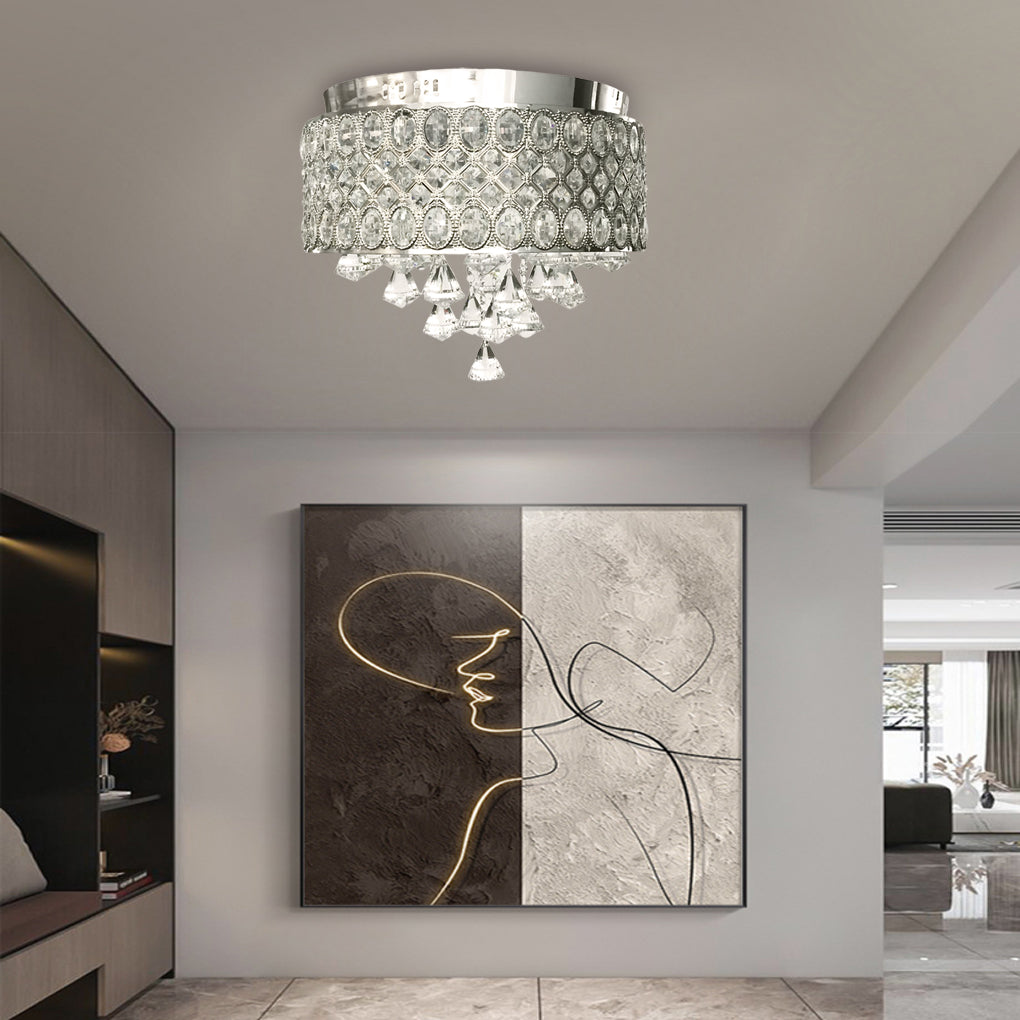 Elegant 15 Inch Crystal Drum Flush Mount Chandelier 4 Light Metal Ceiling Lamp