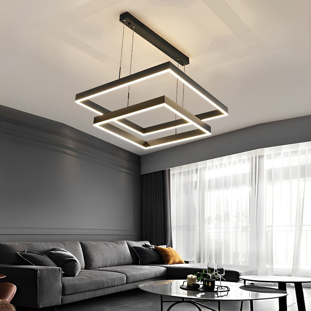 Elegant 3 Tier Black Square LED Chandelier Dimmable Modern Geometric Pendant Light with Remote Control