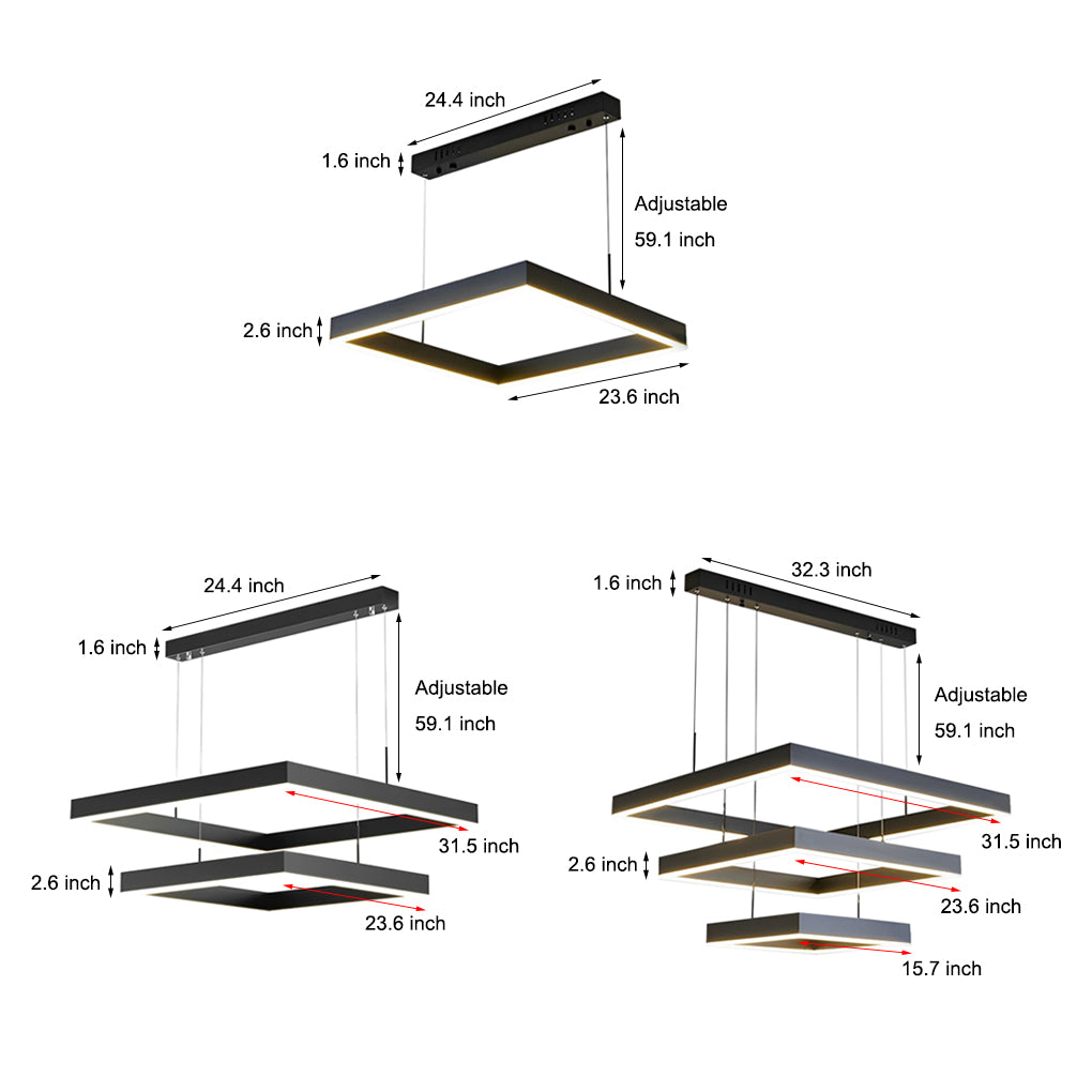 Elegant 3 Tier Black Square LED Chandelier Dimmable Modern Geometric Pendant Light with Remote Control