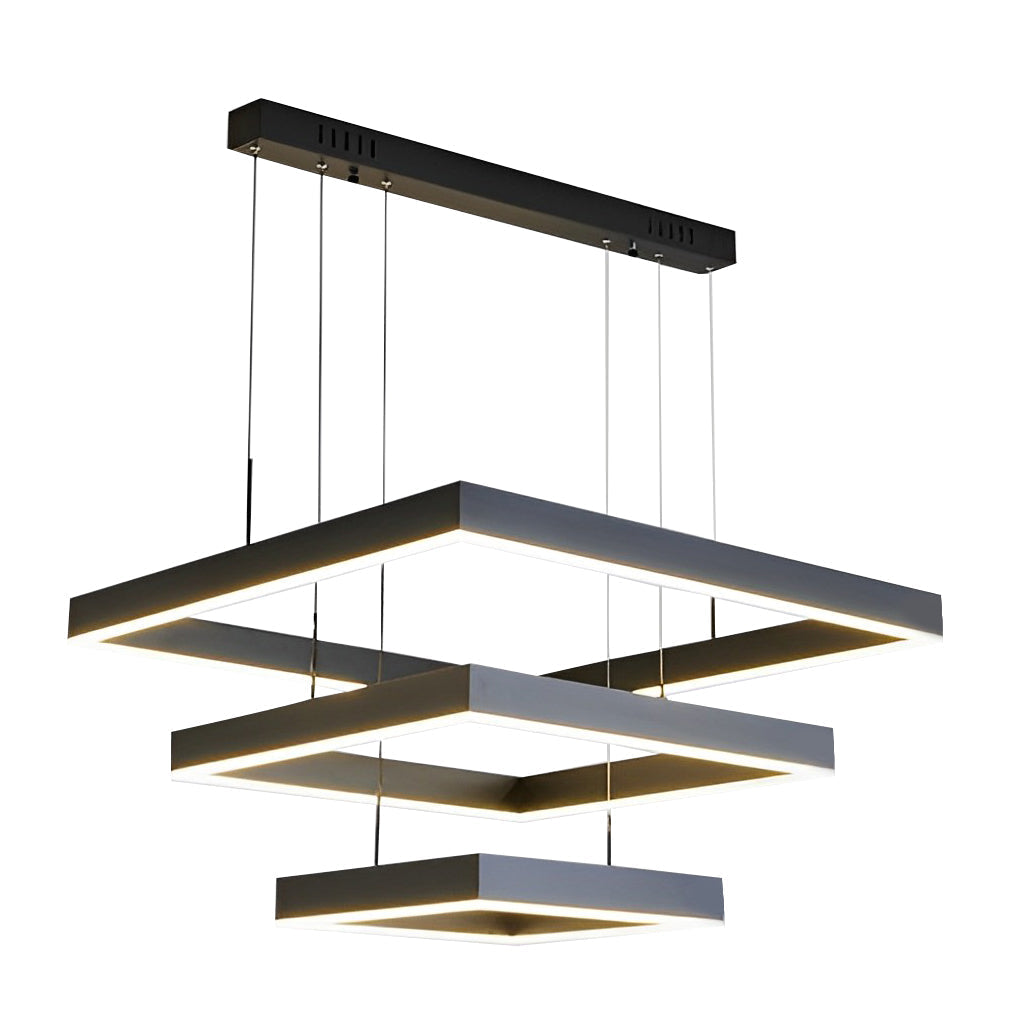 Elegant 3 Tier Black Square LED Chandelier Dimmable Modern Geometric Pendant Light with Remote Control