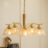 Elegant Amber Crackled Glass Flower Crown Chandelier with Brass Stalks and Ash Wood