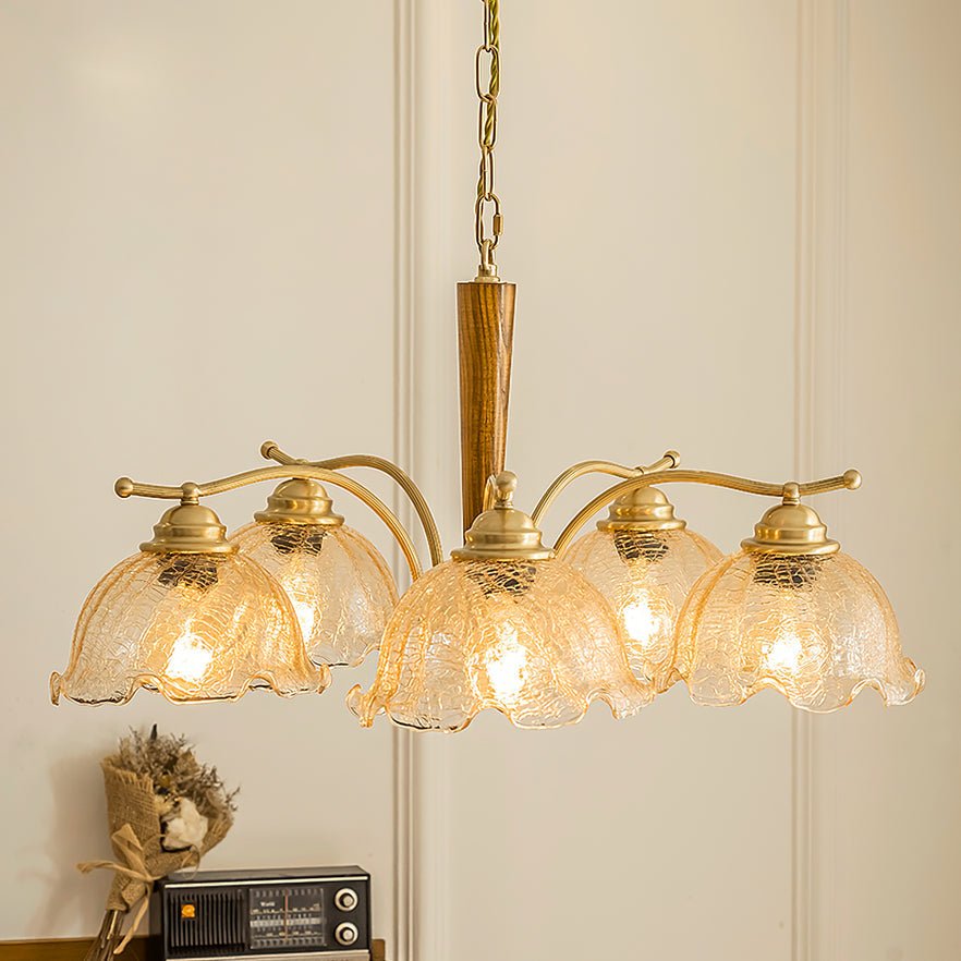 Elegant Amber Crackled Glass Flower Crown Chandelier with Brass Stalks and Ash Wood