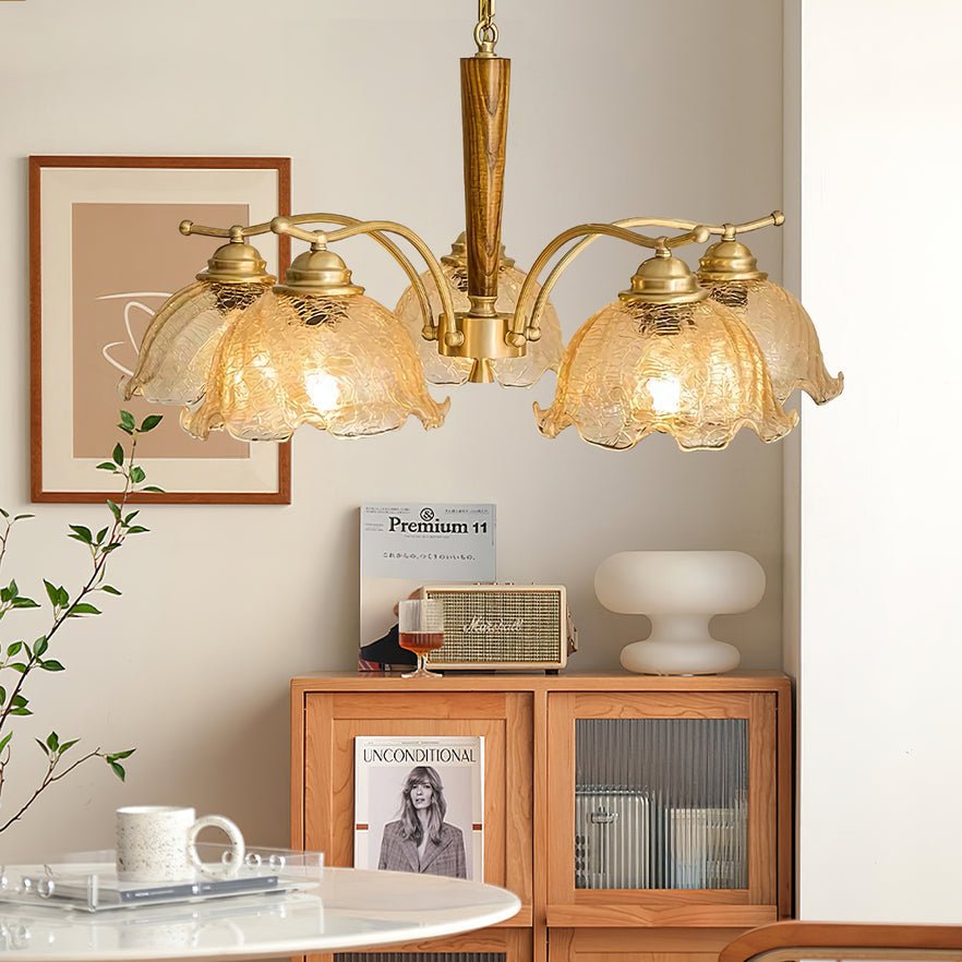 Elegant Amber Crackled Glass Flower Crown Chandelier with Brass Stalks and Ash Wood