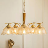 Elegant Amber Crackled Glass Flower Crown Chandelier with Brass Stalks and Ash Wood