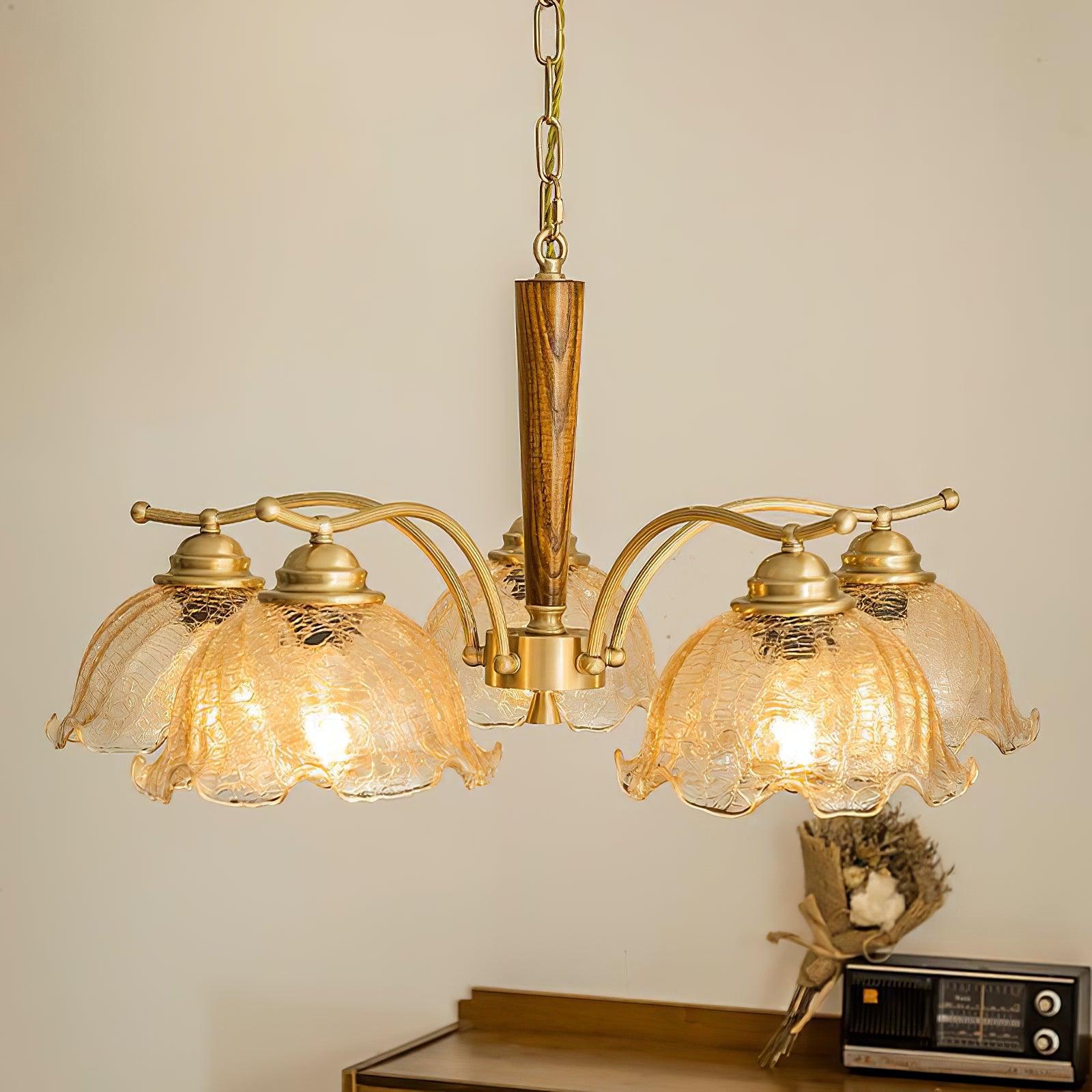 Elegant Amber Crackled Glass Flower Crown Chandelier with Brass Stalks and Ash Wood