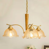 Elegant Amber Crackled Glass Flower Crown Chandelier with Brass Stalks and Ash Wood