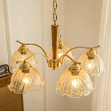 Elegant Amber Crackled Glass Flower Crown Chandelier with Brass Stalks and Ash Wood