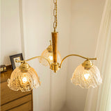 Elegant Amber Crackled Glass Flower Crown Chandelier with Brass Stalks and Ash Wood
