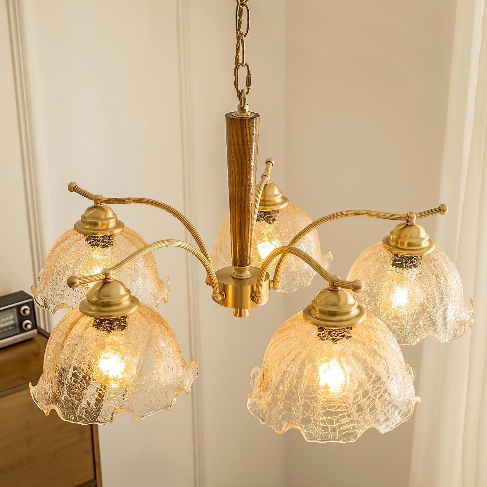 Elegant Amber Crackled Glass Flower Crown Chandelier with Brass Stalks and Ash Wood