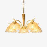 Elegant Amber Crackled Glass Flower Crown Chandelier with Brass Stalks and Ash Wood