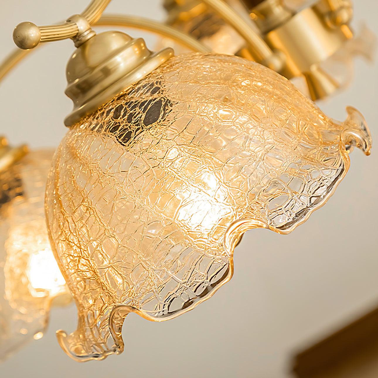 Elegant Amber Crackled Glass Flower Crown Chandelier with Brass Stalks and Ash Wood